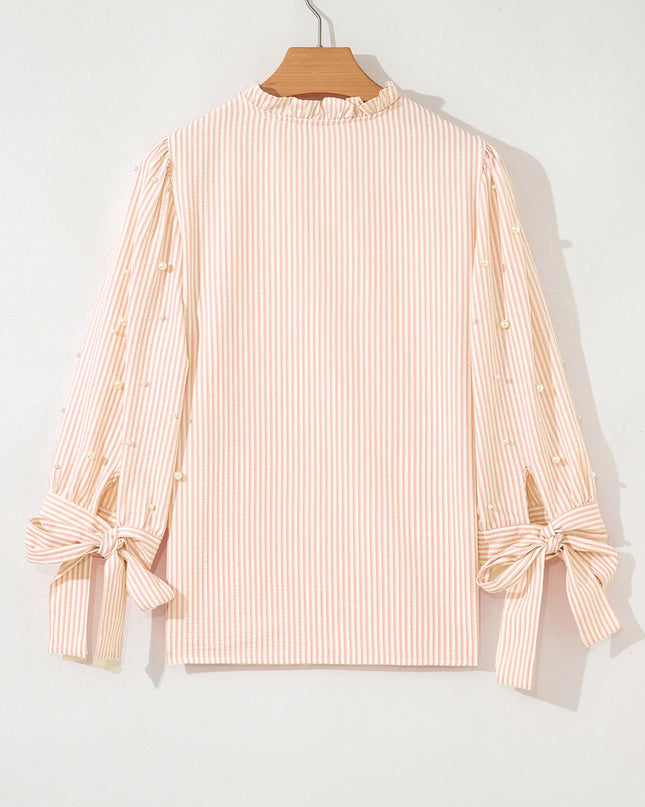 Stripe Bow Knot Cuff Pearl Embellished Puff Sleeve V Neck Blouse