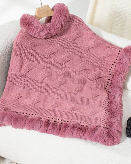 Fuzzy Hem Cable-Knit Poncho