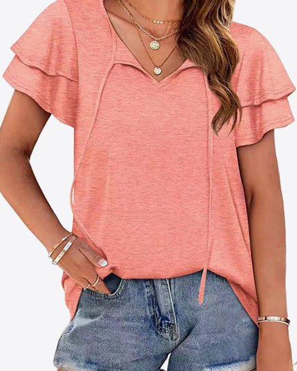Tie-Neck Layered Flutter Sleeve Blouse Peach