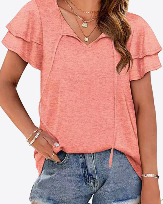 Tie-Neck Layered Flutter Sleeve Blouse Peach