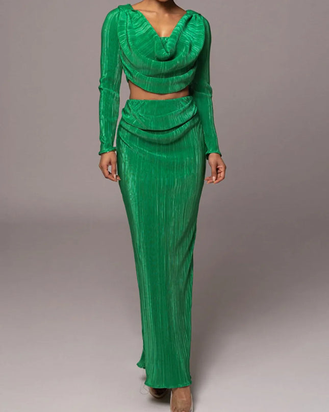 Ruched Cowl Neck Top and Maxi Skirt Set 