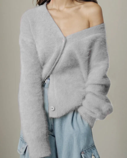 Button Up Dropped Shoulder Cardigan Light Gray