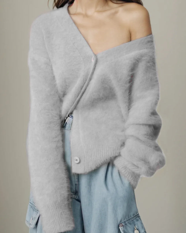 Button Up Dropped Shoulder Cardigan Light Gray