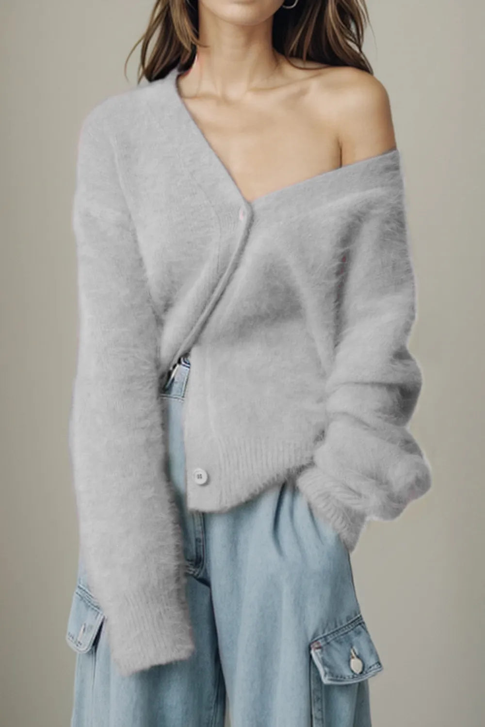 Button Up Dropped Shoulder Cardigan Light Gray