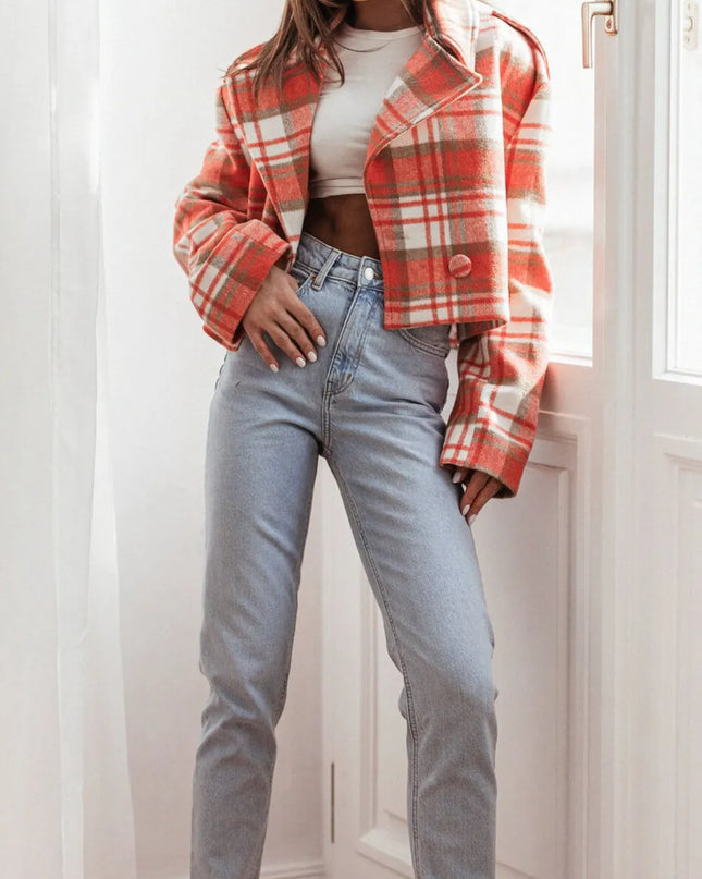 Lapel Collar Plaid Cropped Jacket