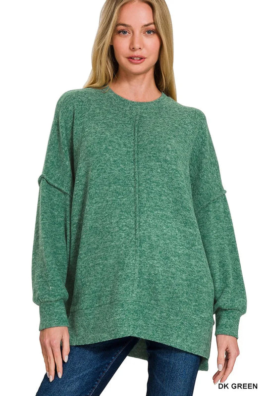 Zenana Brushed Melange Hacci Oversized Sweater DK GREEN