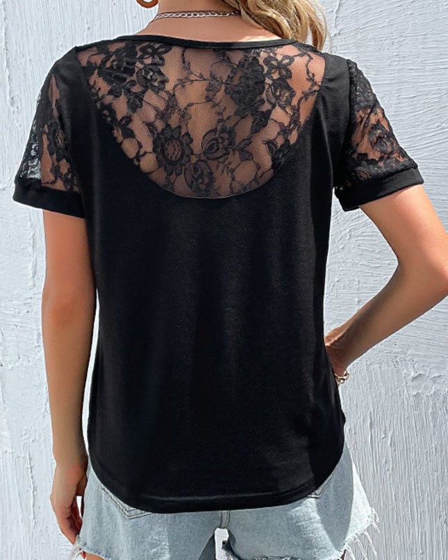 Perfee Spliced Lace Round Neck Short Sleeve Top