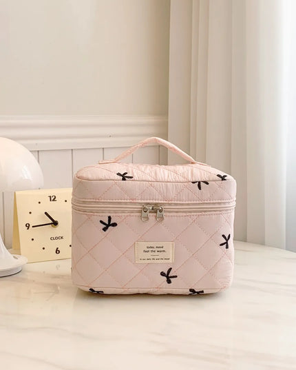 Bow Embroidered Quilted Storage Bag with Zip Blush Pink One Size