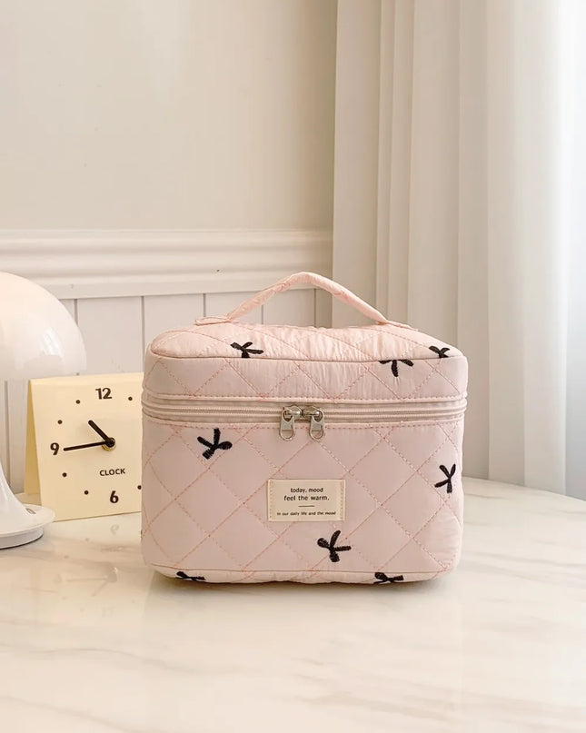 Bow Embroidered Quilted Storage Bag with Zip Blush Pink One Size