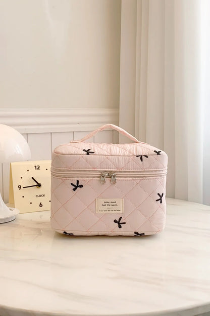 Bow Embroidered Quilted Storage Bag with Zip Blush Pink One Size