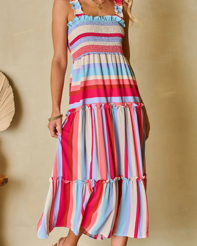 Contrast Stripe Wide Strap Smocked Tiered Dress