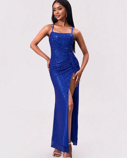 Slit Sequin Square Neck Spaghetti Strap Dress 