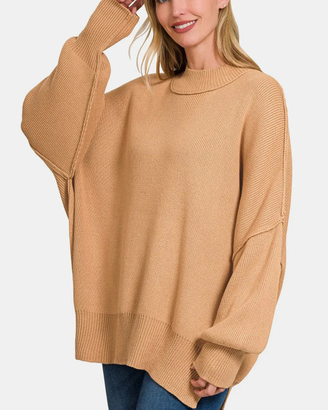 Zenana Side Sit Oversize Sweater Dk Brush