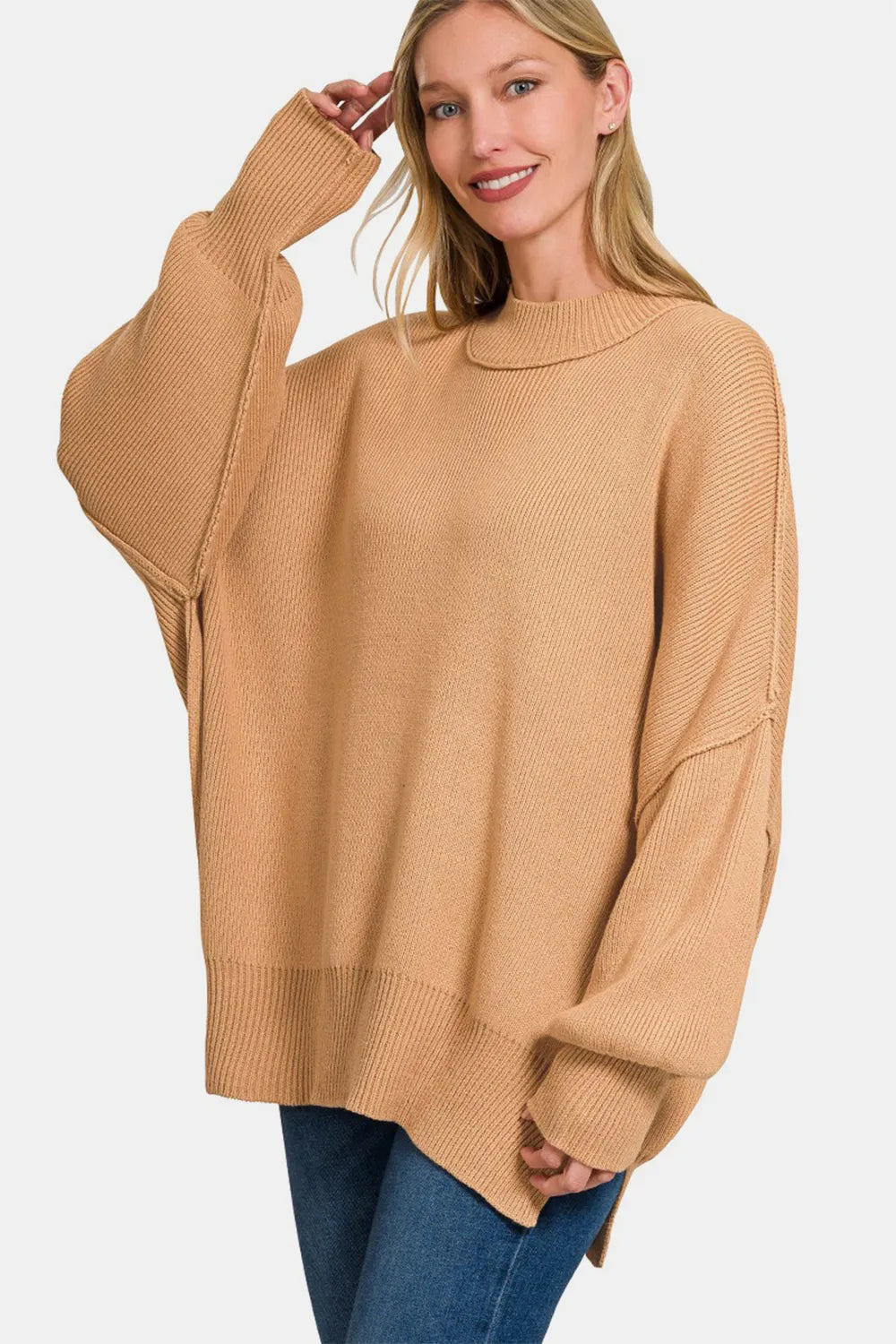 Zenana Side Sit Oversize Sweater Dk Brush