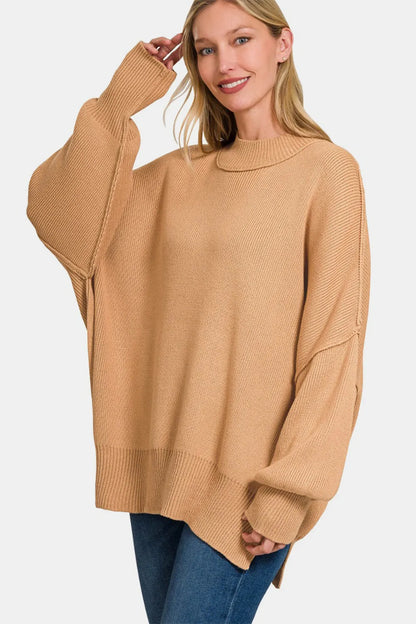 Zenana Side Sit Oversize Sweater Dk Brush