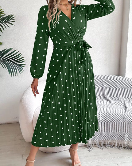 Front Tie Polka Dot Midi Pleated Dress
