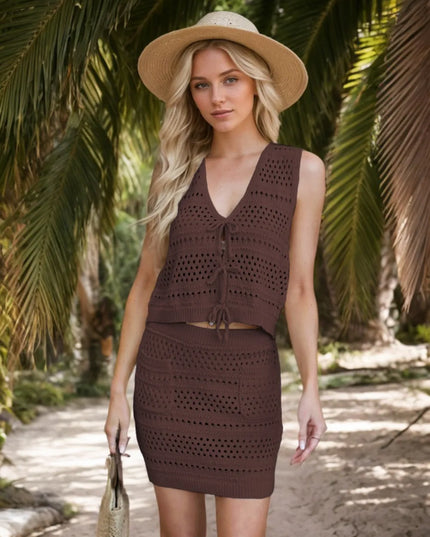 Openwork V-Neck Top and Skirt Knit Cover Up Set