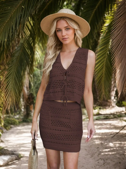 Openwork V-Neck Top and Skirt Knit Cover Up Set