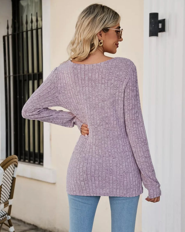 Ribbed Square Neck Long Sleeve T-Shirt