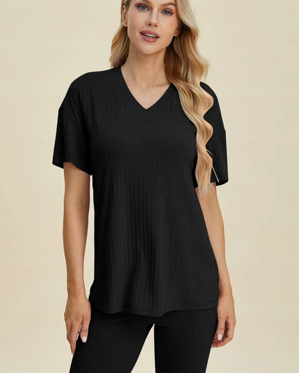 Basic Bae Full Size Ribbed V-Neck Short Sleeve Top and Shorts Set