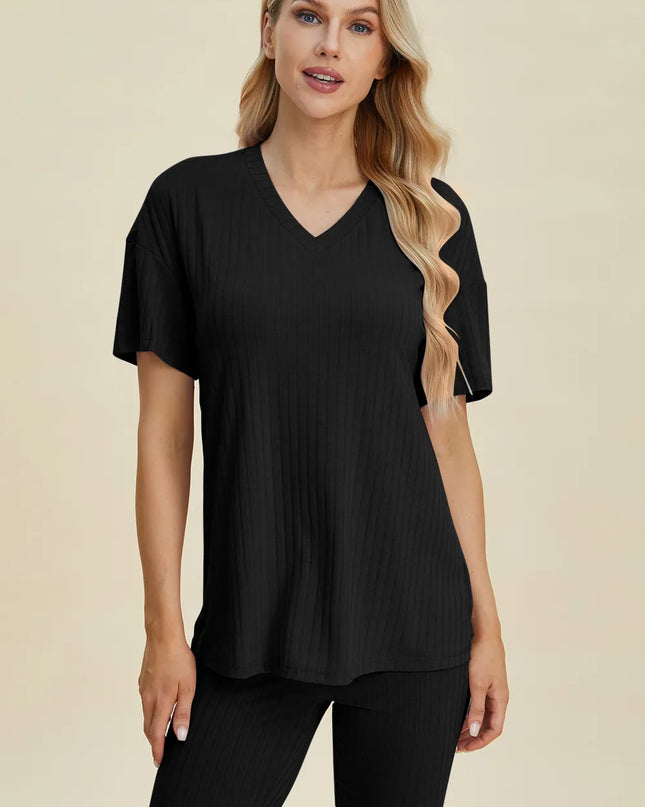 Basic Bae Full Size Ribbed V-Neck Short Sleeve Top and Shorts Set