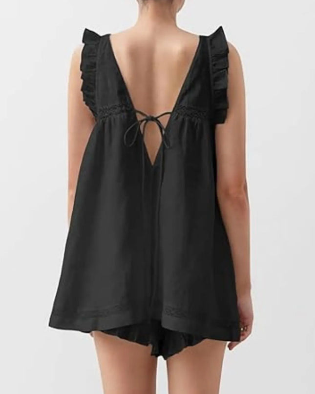 Ruffled V-Neck Top and Shorts Set