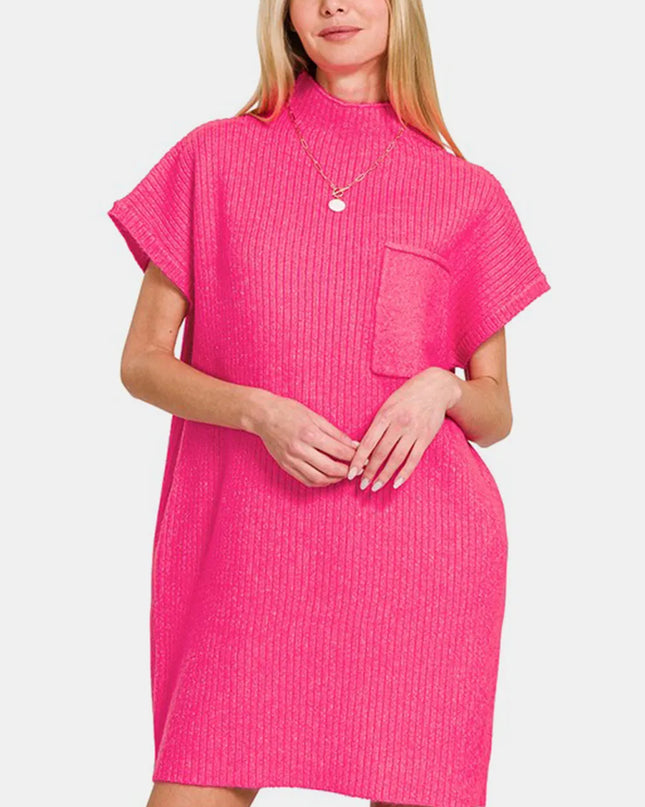 Zenana Short Sleeve Sweater Mini Dress Hot Pink