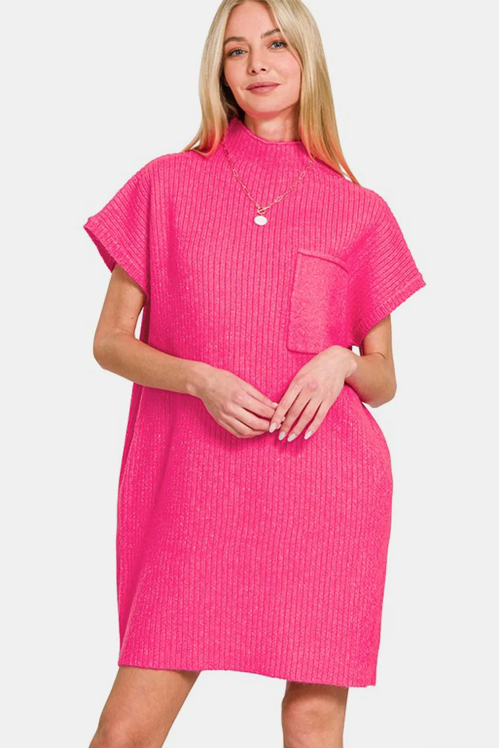 Zenana Short Sleeve Sweater Mini Dress Hot Pink