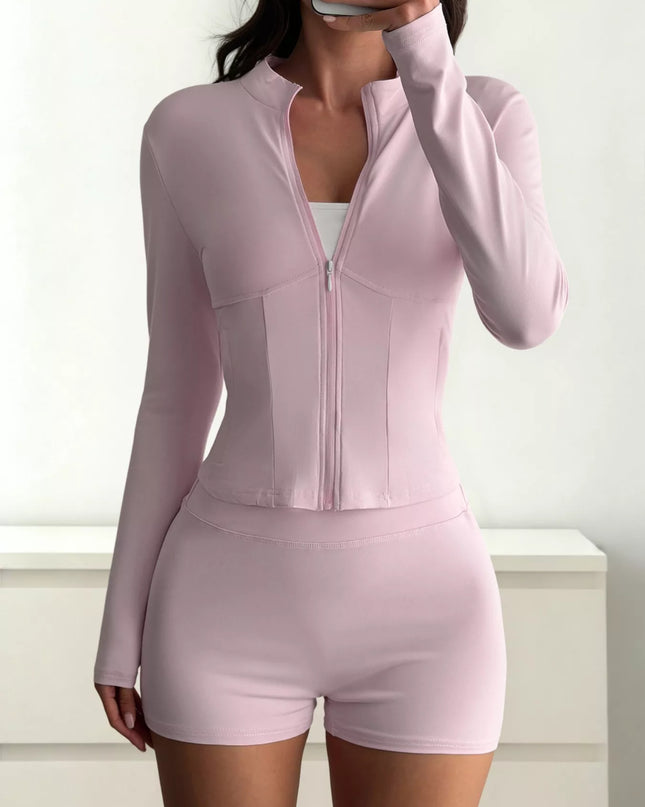 Zipper Front Long Sleeve Top and Shorts Active Set