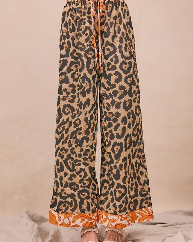 BiBi Leopard Print With Contrast Banded Wide Pants