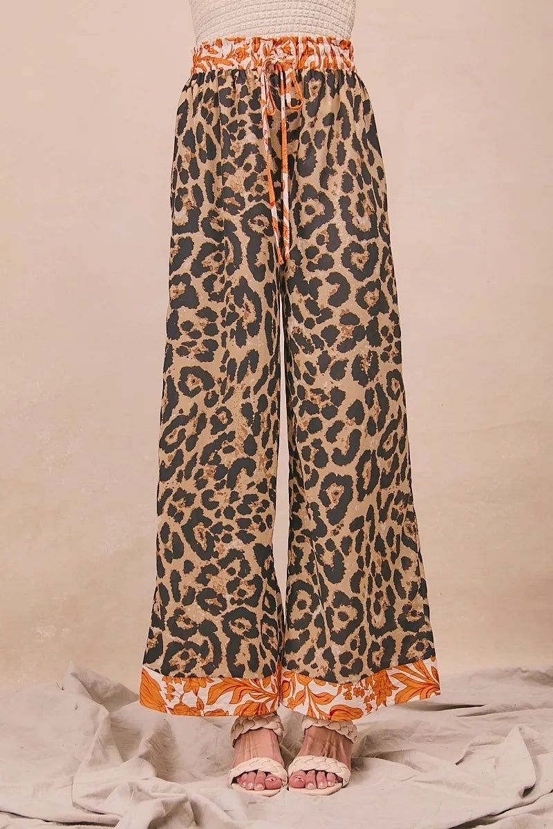 BiBi Leopard Print With Contrast Banded Wide Pants