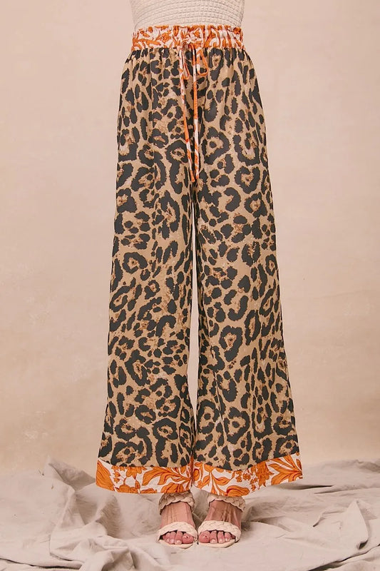 BiBi Leopard Print With Contrast Banded Wide Pants
