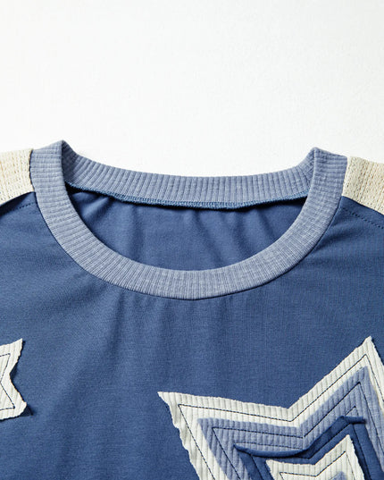 Contrast Knitted Colorblock Star Patchwork Oversize Long Sleeve Top