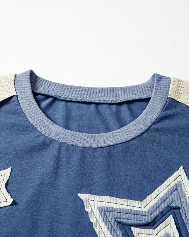 Contrast Knitted Colorblock Star Patchwork Oversize Long Sleeve Top