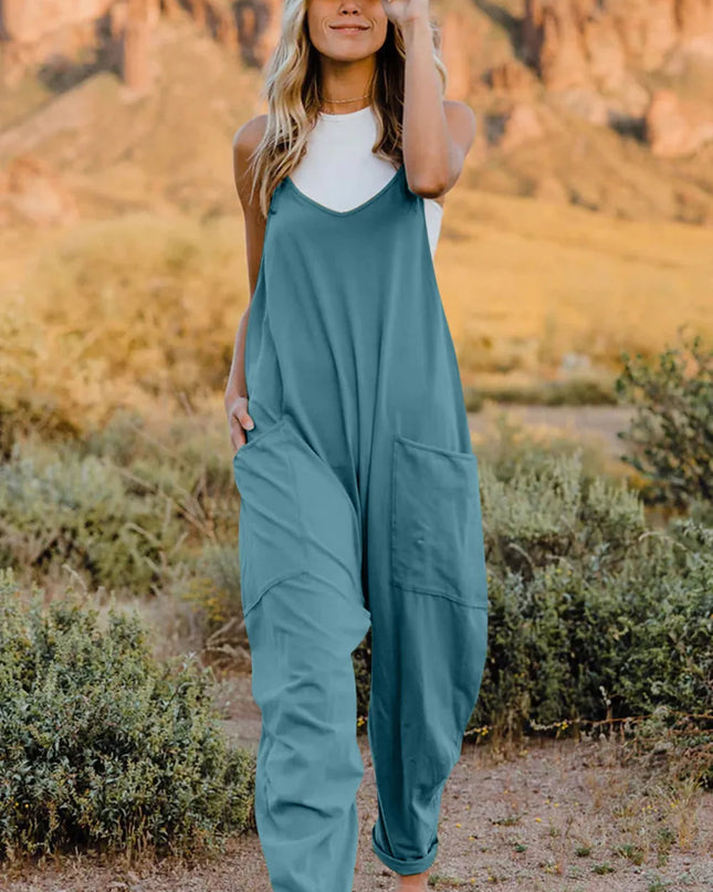Double Take Full Size V-Neck Sleeveless Jumpsuit with Pockets Pastel Blue