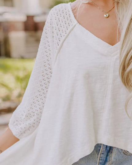 Openwork High Low Hem V Neck Oversized Top