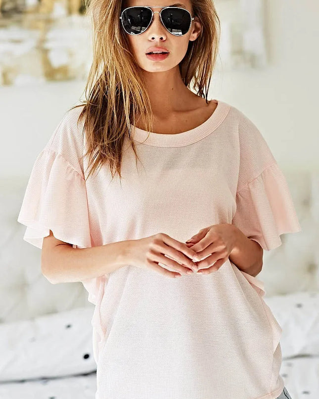 BiBi Thermal Knit with Ruffled Sleeve Top