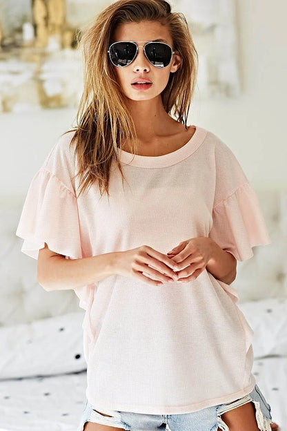 BiBi Thermal Knit with Ruffled Sleeve Top