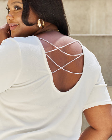 And The Why Pearly White Full Size Criss Cross Pearl Detail Open Back T-Shirt
