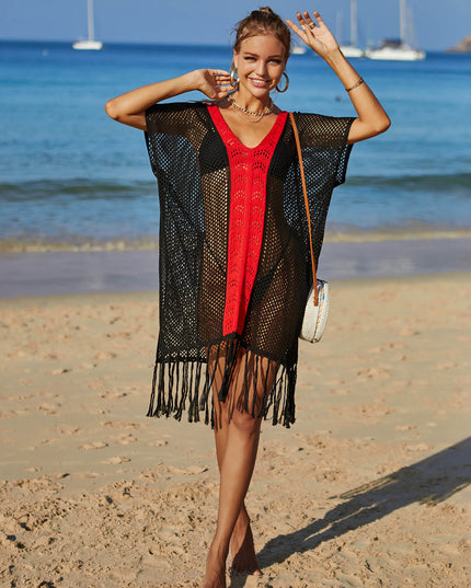 Angel Wings Contrast Fringe Trim Openwork Cover-Up Dress