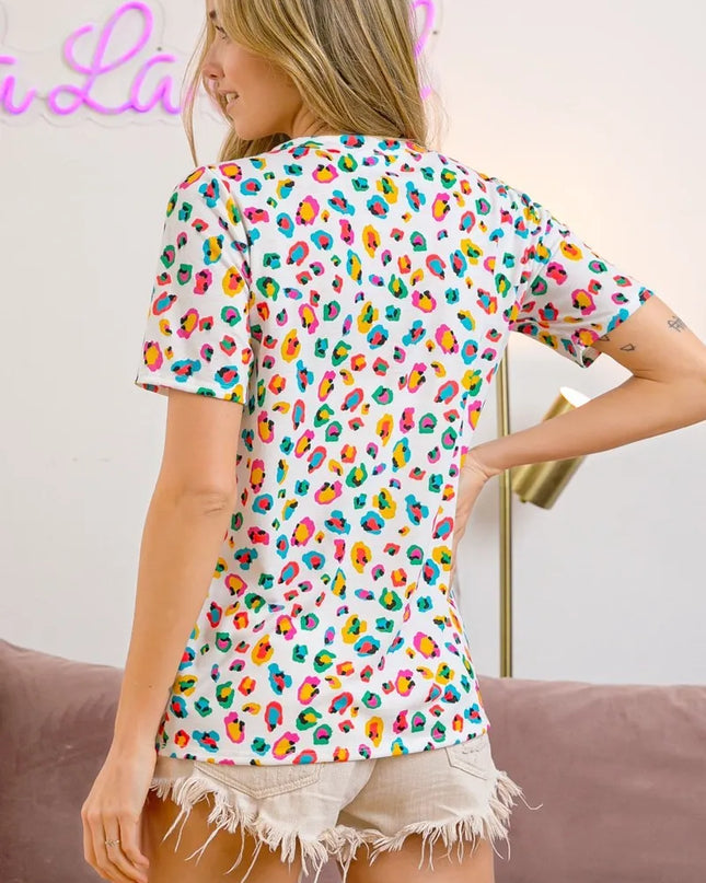 BiBi Multi Color Leopard Jersey Shirred V Neck Top