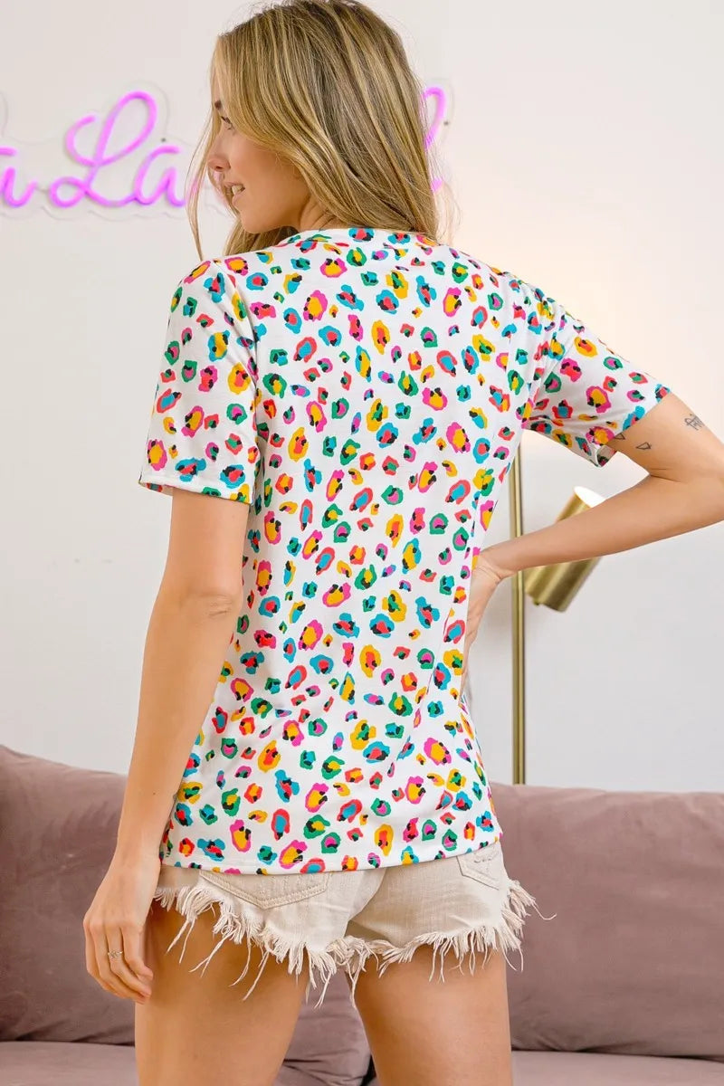 BiBi Multi Color Leopard Jersey Shirred V Neck Top