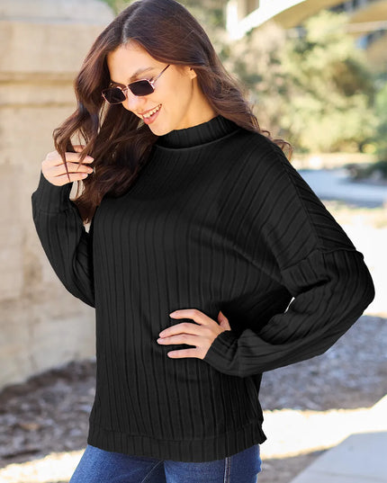 Basic Bae Full Size Ribbed Exposed Seam Mock Neck Knit Top Black