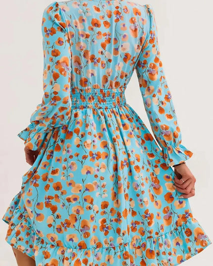 Floral Print Flounce Sleeve Ruffle Hem Dress