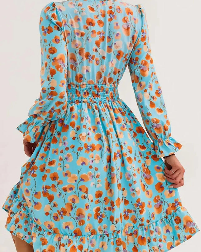 Floral Print Flounce Sleeve Ruffle Hem Dress