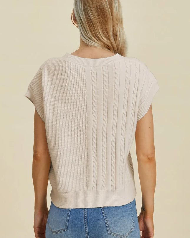 Double Take Full Size Cable-Knit Round Neck Short Sleeve Sweater
