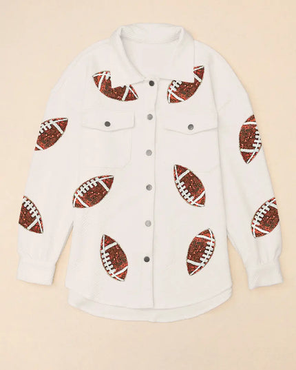Sequin Football Patch Collared Neck Snap Button Jacket