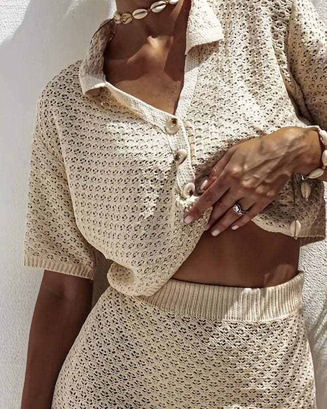 Openwork Button Up Top and Skirt Sweater Set