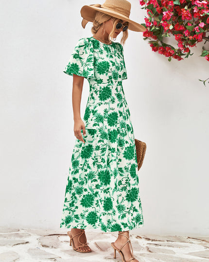 Floral Round Neck Tied Open Back Dress