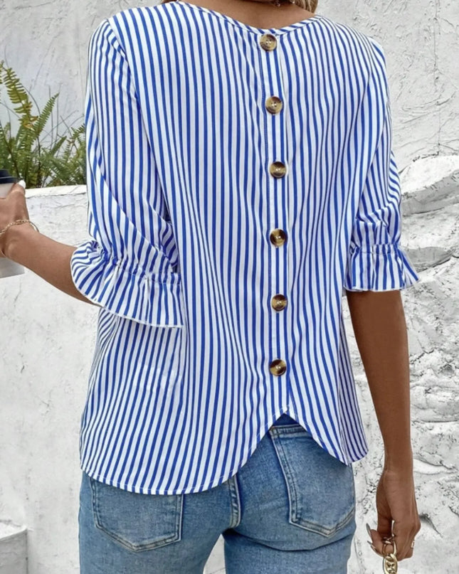 Striped Round Neck Half Sleeve Casual Blouse